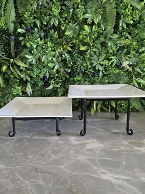 White Ceramic Square Serving Riser with Black Iron Stand - Set of 2